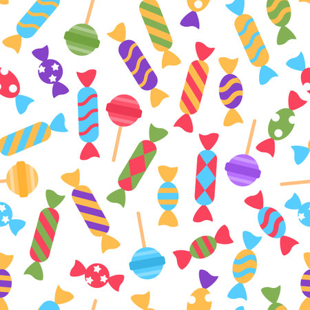 Colorful falling candy seamless pattern on white background. Bright striped sweet wallpaper design. Lollipop, caramel, bonbon, candy creative wrapping paper repeat tile. Sweetness vector illustration.のイラスト素材