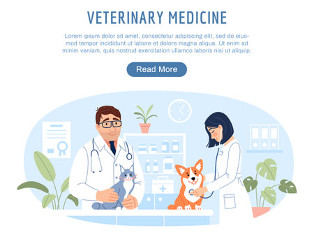 Young veterinarians examining cute animals cat and dog on pet hospital background. Veterinary medicine website template with button. Flat line internet web page Vet clinic homepage vector illustrationのイラスト素材