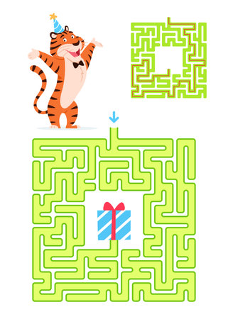 Maze game for kids with solution. Let's help happy tiger to find way to present. Animal character puzzle learning book page design template. Vertical colorful square labyrinth vector illustration.のイラスト素材