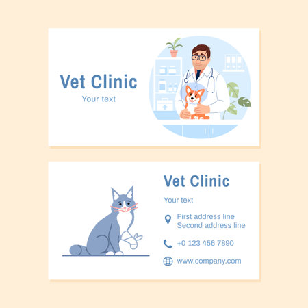 Veterinary visit card design template with text copy space. Young male veterinarian with dog in protective cone and cat with injured paw business card Flat line vet clinic creative vector illustrationのイラスト素材