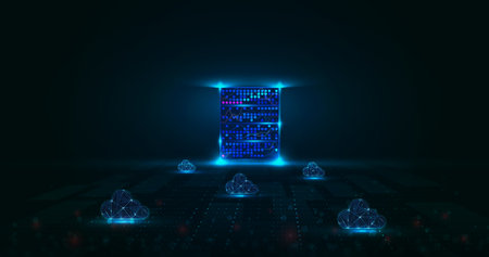 Central processing and networking systems are housed in data centers. Large data centers receive cloud traffic.のイラスト素材
