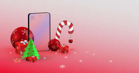Happy New Year, Merry Christmas, vector art of a red ball and a gift box, with a green Christmas tree Greetings for the New Year from your smartphoneのイラスト素材