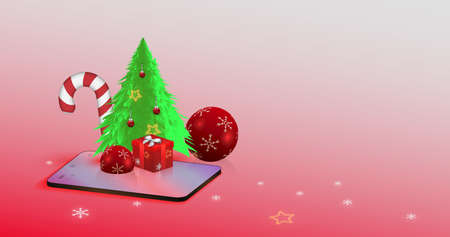 Happy New Year, Merry Christmas, vector art of a red ball and a gift box, with a green Christmas tree Greetings for the New Year from your smartphoneのイラスト素材