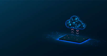 Massive traffic between smartphones and the cloud is depicted in this vector illustration. On a dark background, there is a three-dimensional background.のイラスト素材