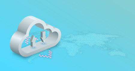 Cloud Computing, Traffic Cloud Vector Image, 3D Cloud Vector Image with Map, 3D Cloud Image on Blue Background.のイラスト素材