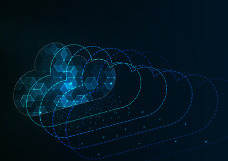 Background picture of a cloud computing icon. Big data in the cloud is represented by rectangles. Image of cloud technology against a deep blue background.のイラスト素材
