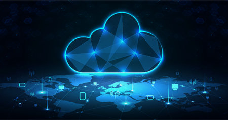 Cloud computing technology concept. Polygonal background with world map and iconsのイラスト素材
