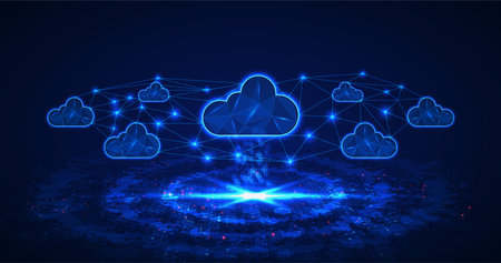 Cloud computing. Multiple cloud symbol vector illustration, 2D cloud, 3D cloud, multi-cloud work connected data.のイラスト素材