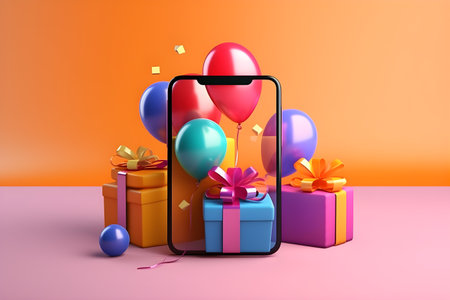 Smartphone with gift boxes and balloons on colorful background. 3D renderingの素材