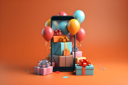 Mobile phone with gifts and balloons on orange background. 3D renderingの素材