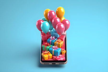 Mobile phone with gift boxes and balloons on blue background 3D renderingの素材