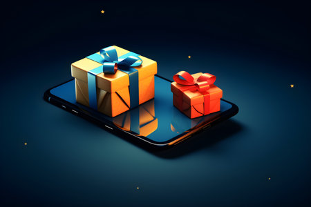 Gift box and smartphone on dark background. 3D illustration.の素材