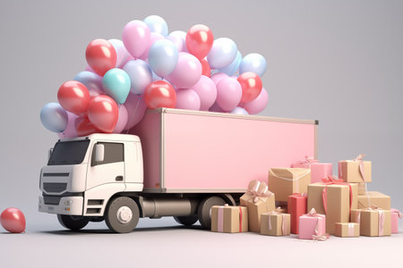 3d rendering of a white truck with balloons and gifts on a gray backgroundの素材