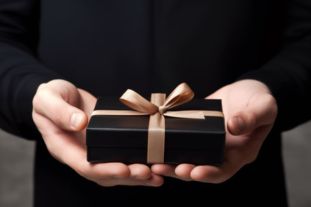 Man holding black gift box on grey background, closeup. Christmas celebrationの素材