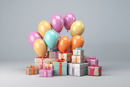 Gift boxes with balloons and ribbons on grey background. 3D Renderの素材