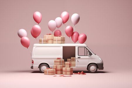Delivery van with gift boxes and balloons on pink background. 3D renderingの素材