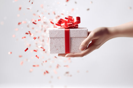 Close up of human hand holding gift box with red ribbon and confettiの素材
