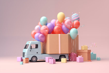 3d render of truck with gift boxes and balloons on pink backgroundの素材