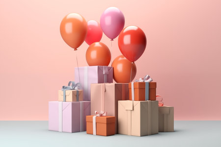 Gift boxes and balloons on pastel background. 3D Renderの素材