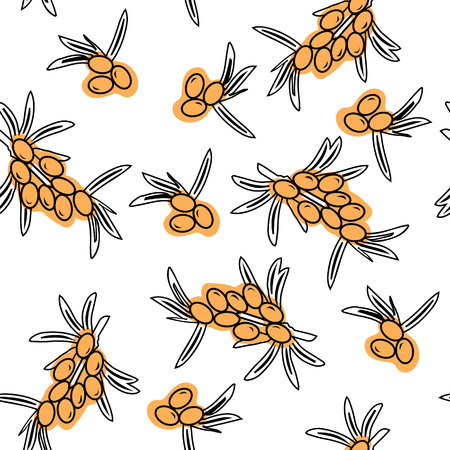 Sea buckthorn hand drawn seamless black and white pattern. Medicinal berry background. Good for cover, wallpaper, textile and wrapper.のイラスト素材