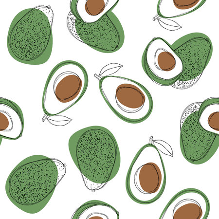 Avocado seamless pattern. Hand draw vector illustration on isolated white background. Natural and healthy nutrition. Organic food. Good for product packaging, promo poster or flyerのイラスト素材