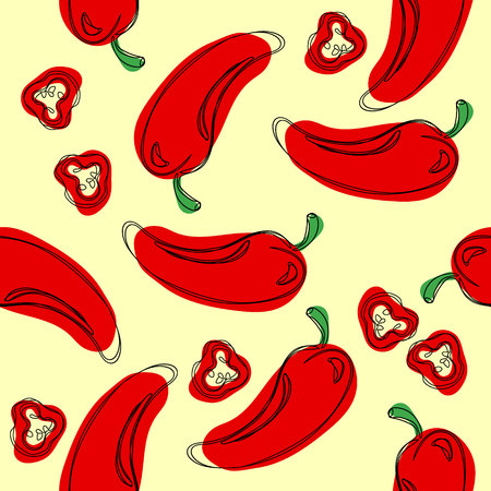 Redchilli pepper seamless pattern. Hand drawing chilli pepper. Illustration chilli pepper.の写真素材