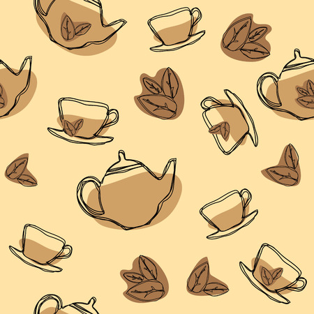 Black tea leaf, teapots and cups seamless pattern. Hand drawing vintage texture.の写真素材