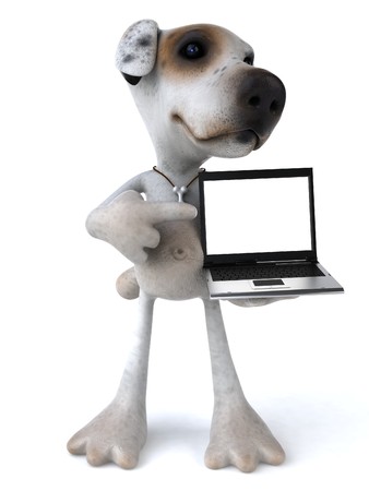 Fun dog with a laptopの写真素材