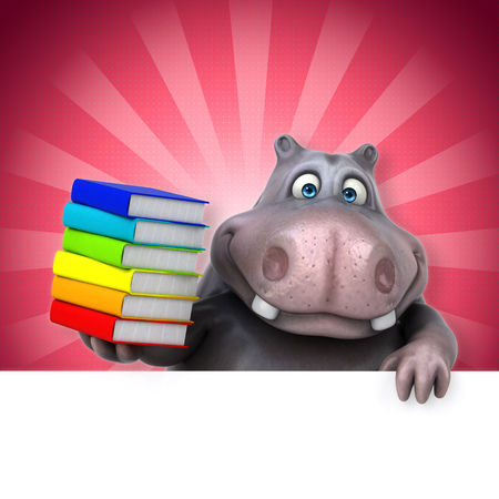 Cartoon hippo holding a stack of booksの写真素材