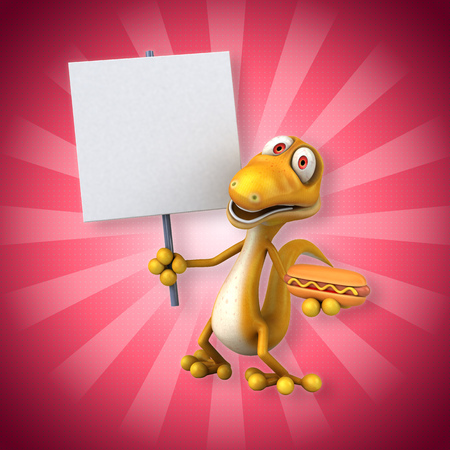 Cartoon lizard with a hot dog and placardの写真素材