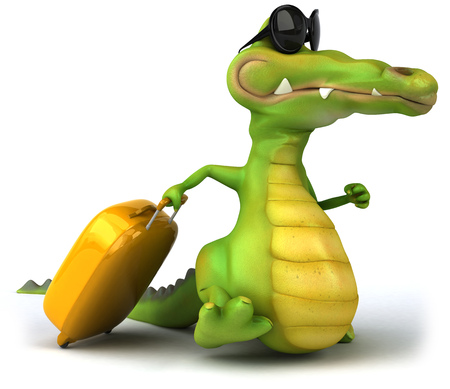 Crocodile with shades pulling a luggageの写真素材