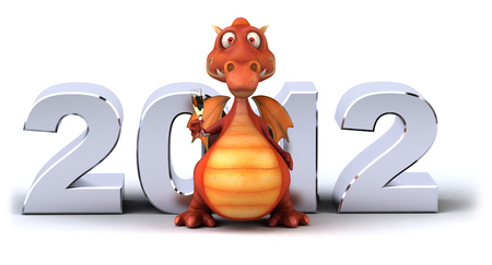 Dragon holding a champagne glass with 2012 sign in the backgroundの写真素材