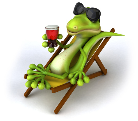 Lizard wearing sunglasses laying down on deck chair and having a drinkの写真素材