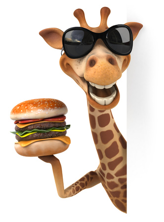 Giraffe wearing sunglasses holding a burgerの写真素材