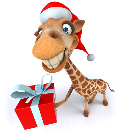 Cartoon giraffe with santa hat showing a gift boxの写真素材