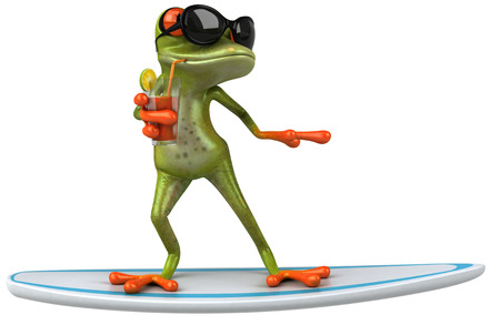Cartoon frog on surfboard with sunglasses and a drinkの写真素材