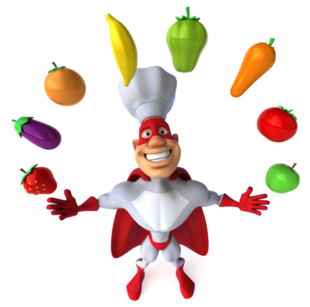 Cartoon superhero with fruits and vegetablesの写真素材