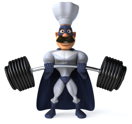 Cartoon superhero with chef hat lifting barbellsの写真素材