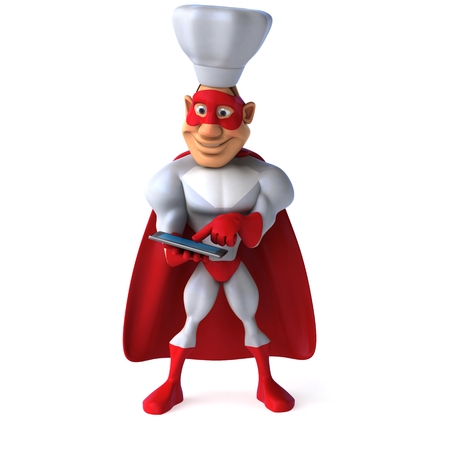 Cartoon super hero with chef hat using a tablet computerの写真素材