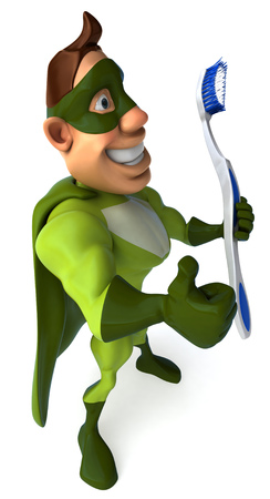 Cartoon superhero with a toothbrush showing thumbs up gestureの写真素材