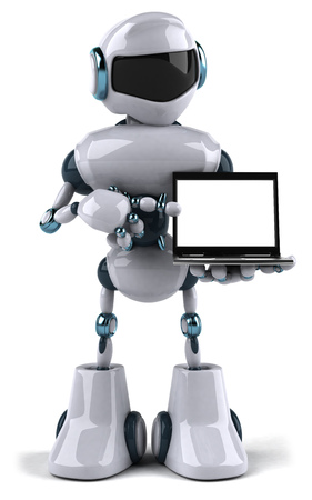 Cartoon robot with a laptopの写真素材