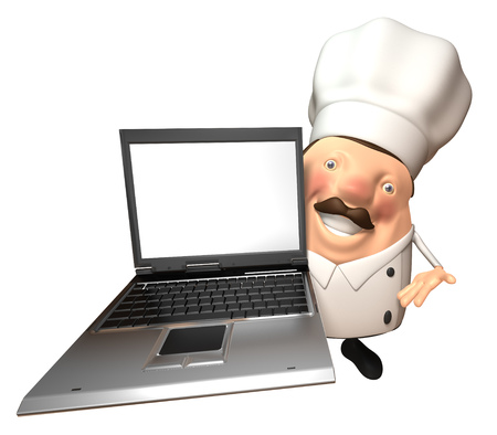 Cartoon chef with a laptopの写真素材