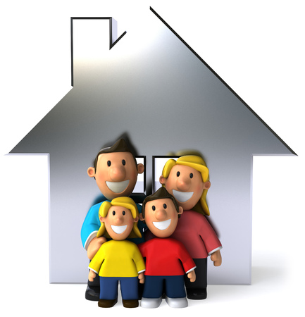 Cartoon happy family in front of houseの写真素材