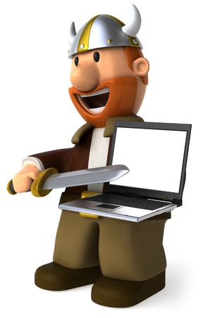 Cartoon viking man showing a laptopの写真素材