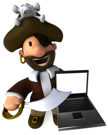 Cartoon pirate with sword showing a laptopの写真素材