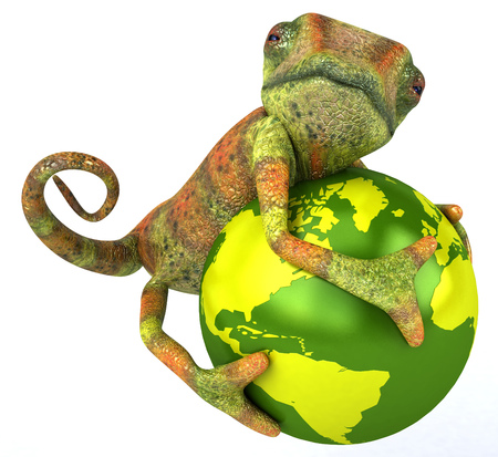 chameleon character on a globeの写真素材