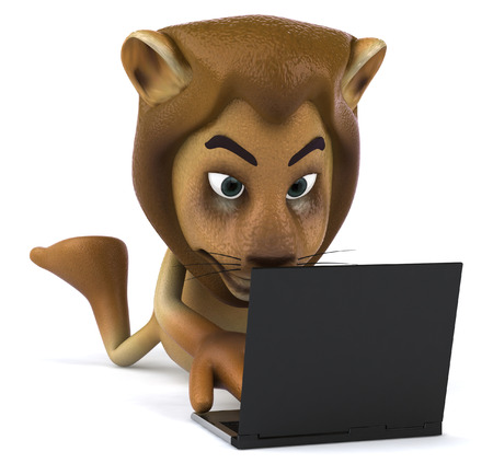 Lion character using laptopの写真素材