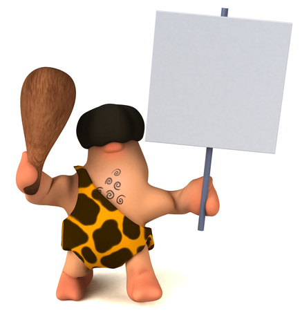 Caveman holding a club and signboardの写真素材