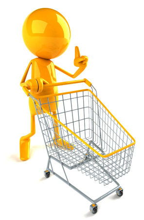 3D character pushing a shopping trolleyの写真素材