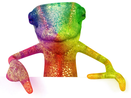 Chameleon character pointing belowの写真素材